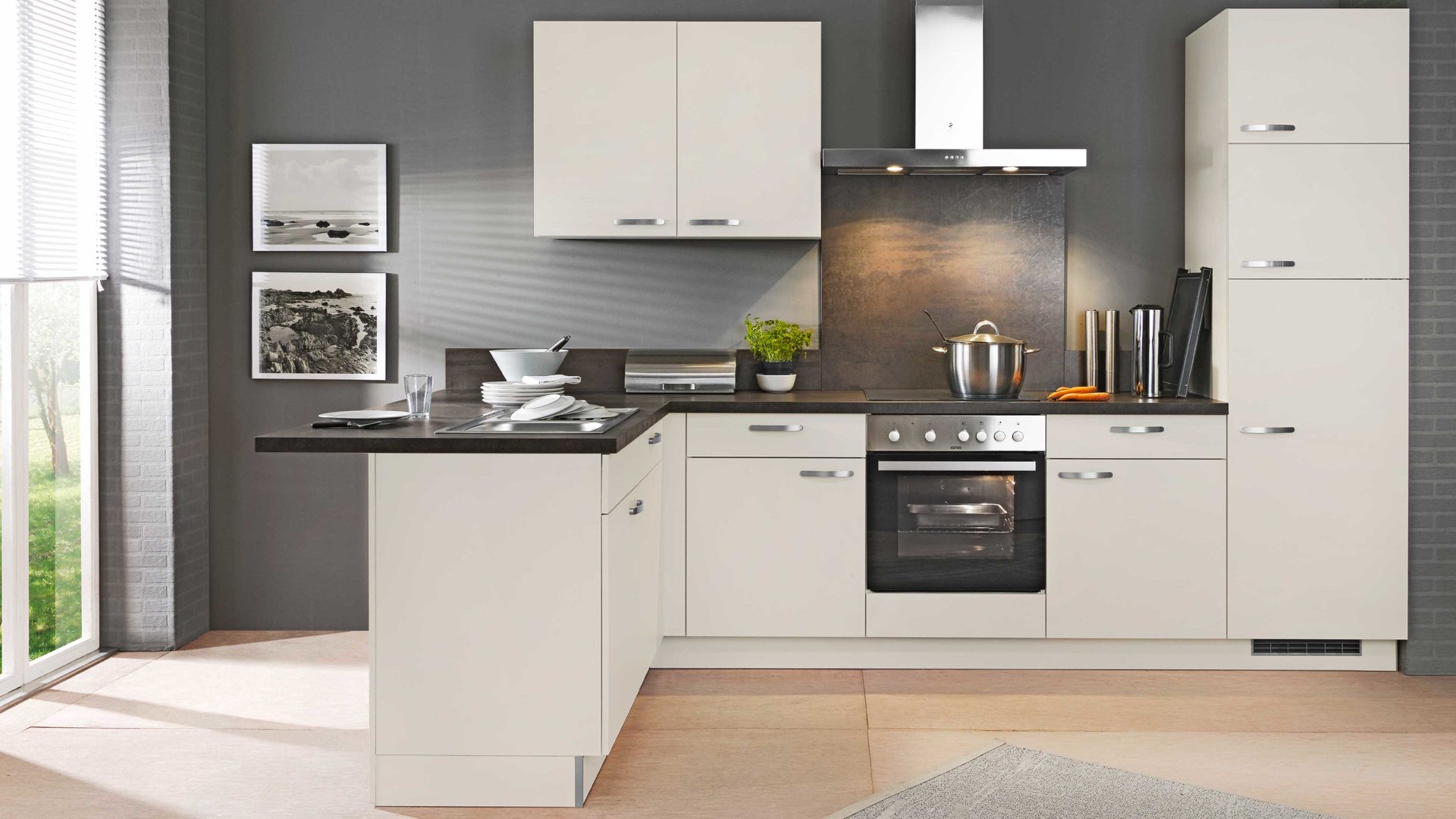 Einbauküche Express küchen® aus Holz in Beige EXPRESS KÜCHEN® Einbauküche Win mit IGNIS-Geräten Magnolia - Stellfläche ca. 335 x 185 cm