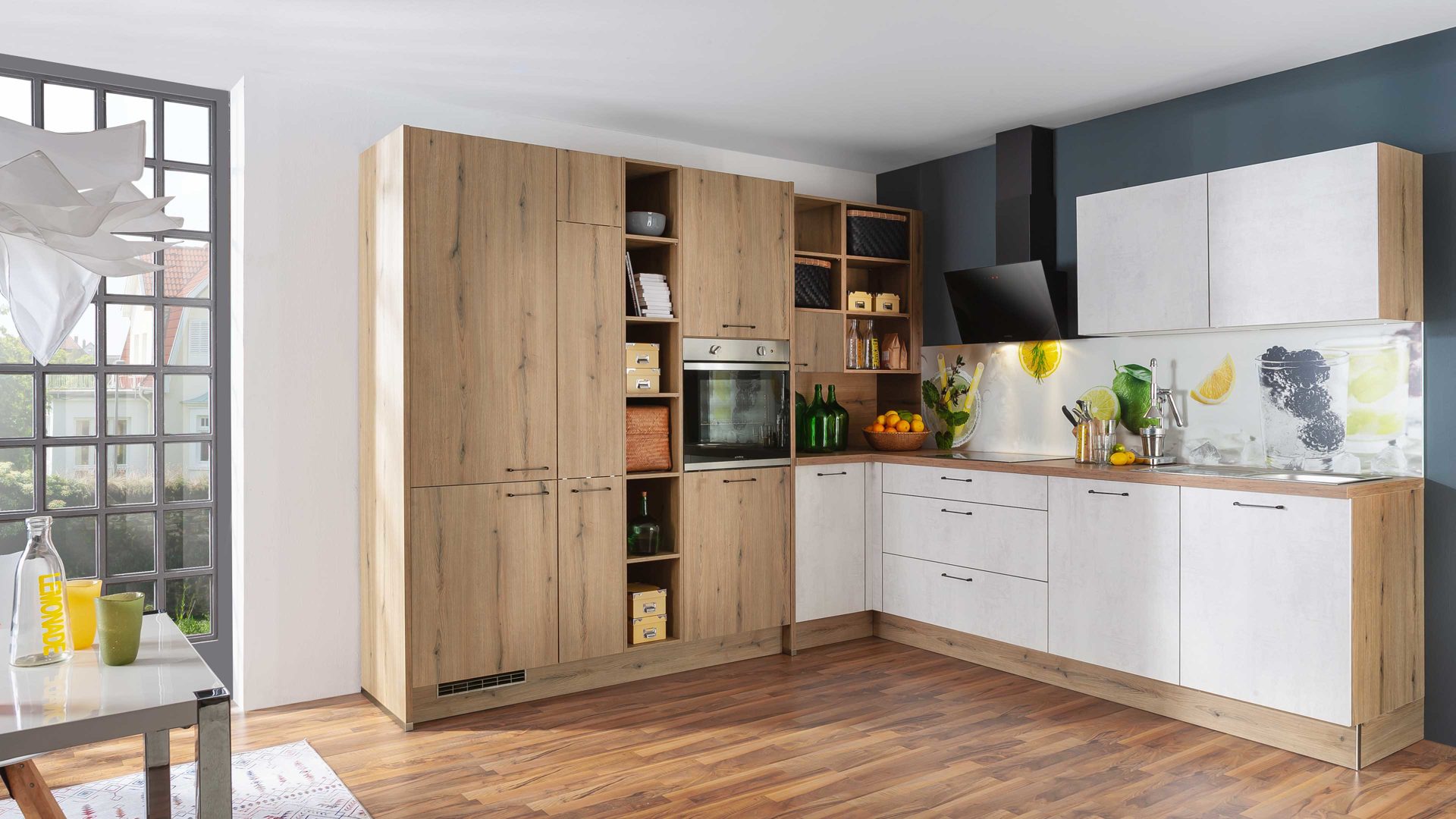 Einbauküche Express küchen® aus Holz in Holzfarben EXPRESS KÜCHEN® Einbauküche Plan mit privileg-Geräten Eiche astig & Beton steinweiß - Stellfläche ca. 293 x 285 cm