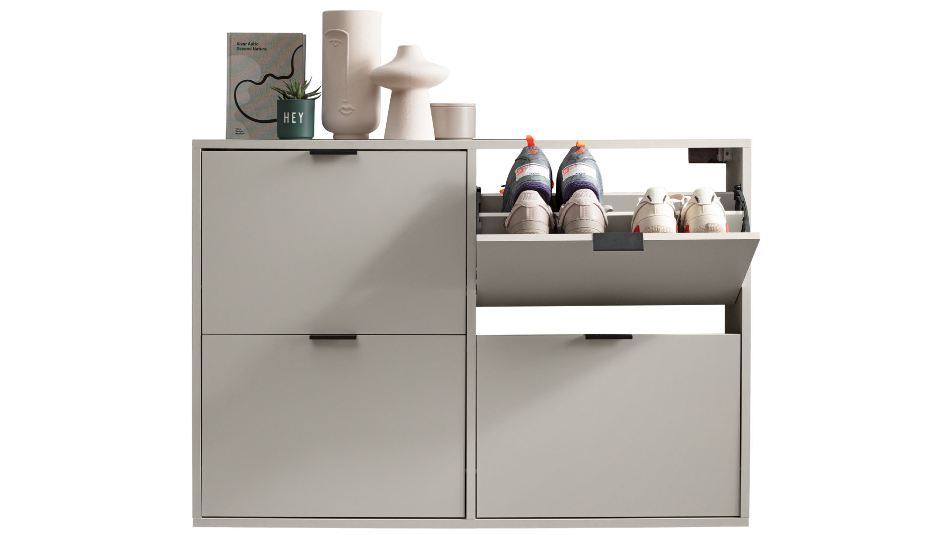 Schuhkipper Mäusbacher i.i. aus Holz in Hellgrau Kommodenserie Bonnie - Schuhschrank kreidegrauer Mattlack - vier Klapptüren, Breite ca. 120 cm