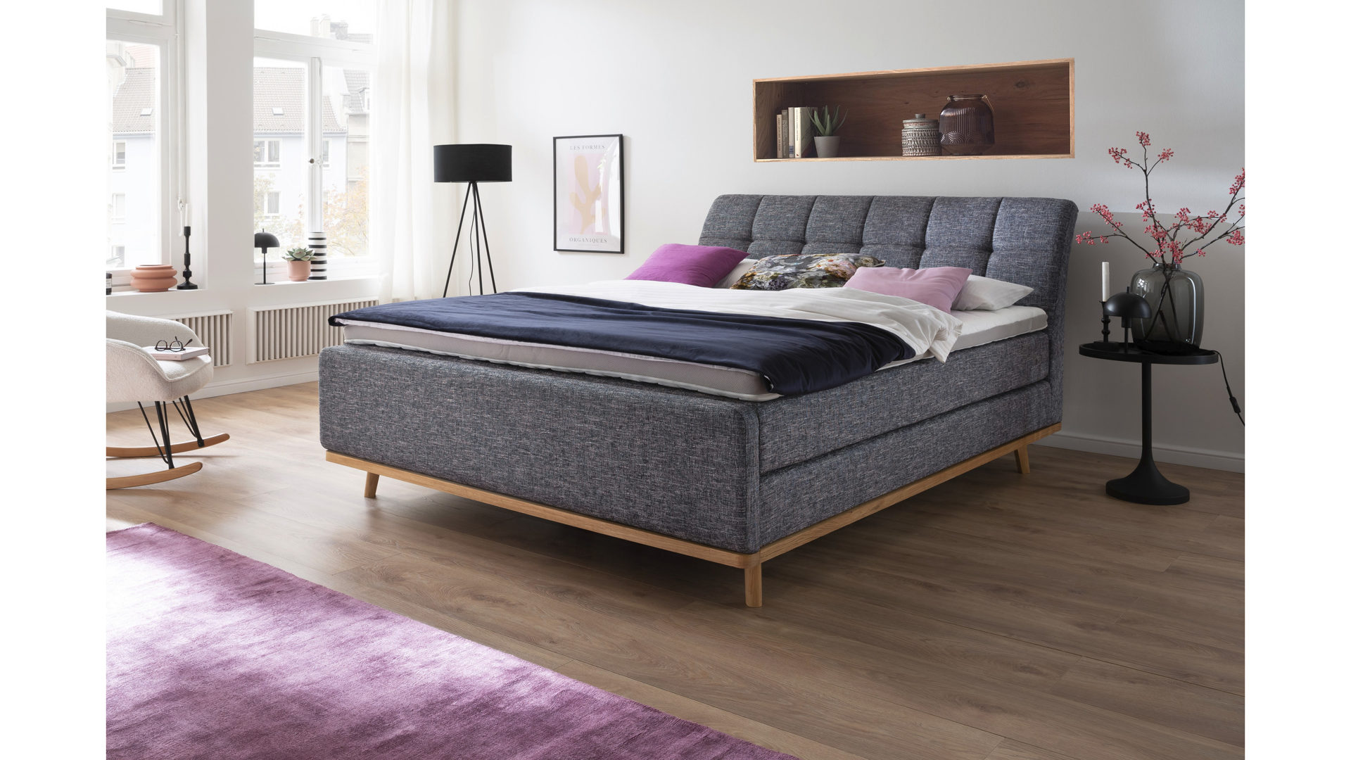 Boxspringbett Meise.möbel aus Stoff Holz in Anthrazit Holzfarben Meise Boxspringbett MILA inkl. Holzrahmen und Topper Building 812 anthrazit, Matratzen TTFK 500 H2+H3, Kopfteil gesteppt, Fuss Eiche