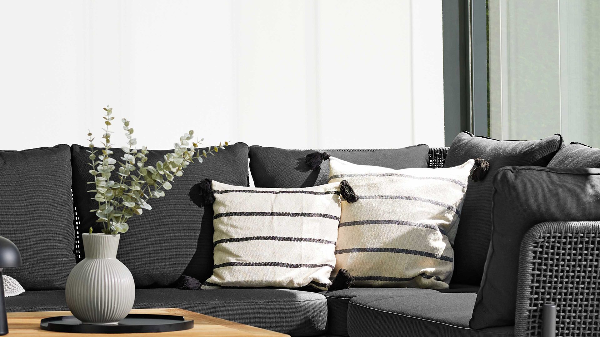 Gartensofa Interliving aus Kunstfaser in Dunkelgrau Interliving Gartenmöbel Serie 7005 - Eckmodul graues Kordelgeflecht & dunkelgrauer Olefinbezug - ca. 78 x 78 cm