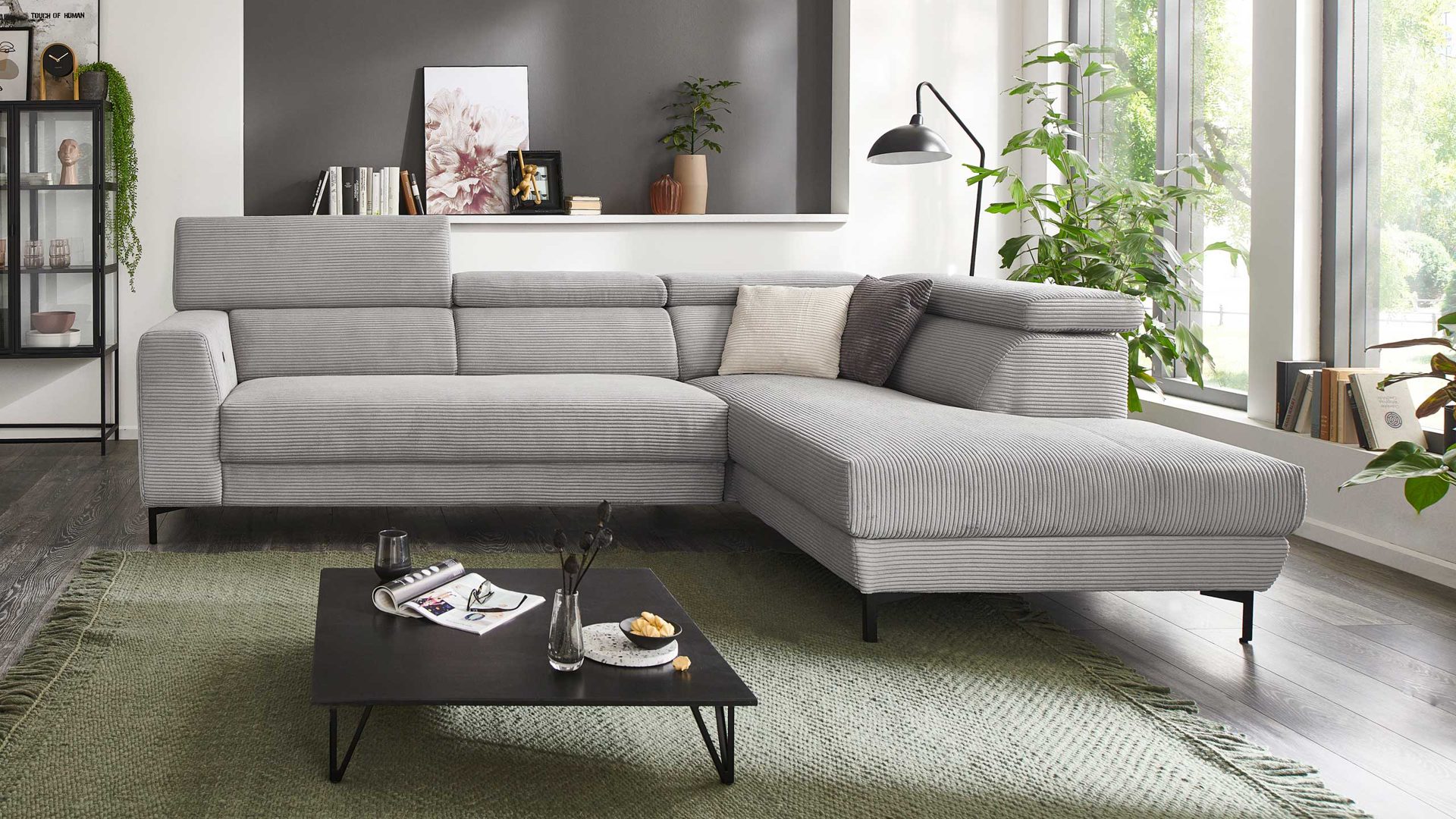 Ecksofa Ada | 415514 aus Stoff in Hellgrau Ada Eckkombination 7539 Polsterecke Stoffbezug Cord S-GCT49-08 Platinum grey – Stellfläche ca. 293 x 161 cm