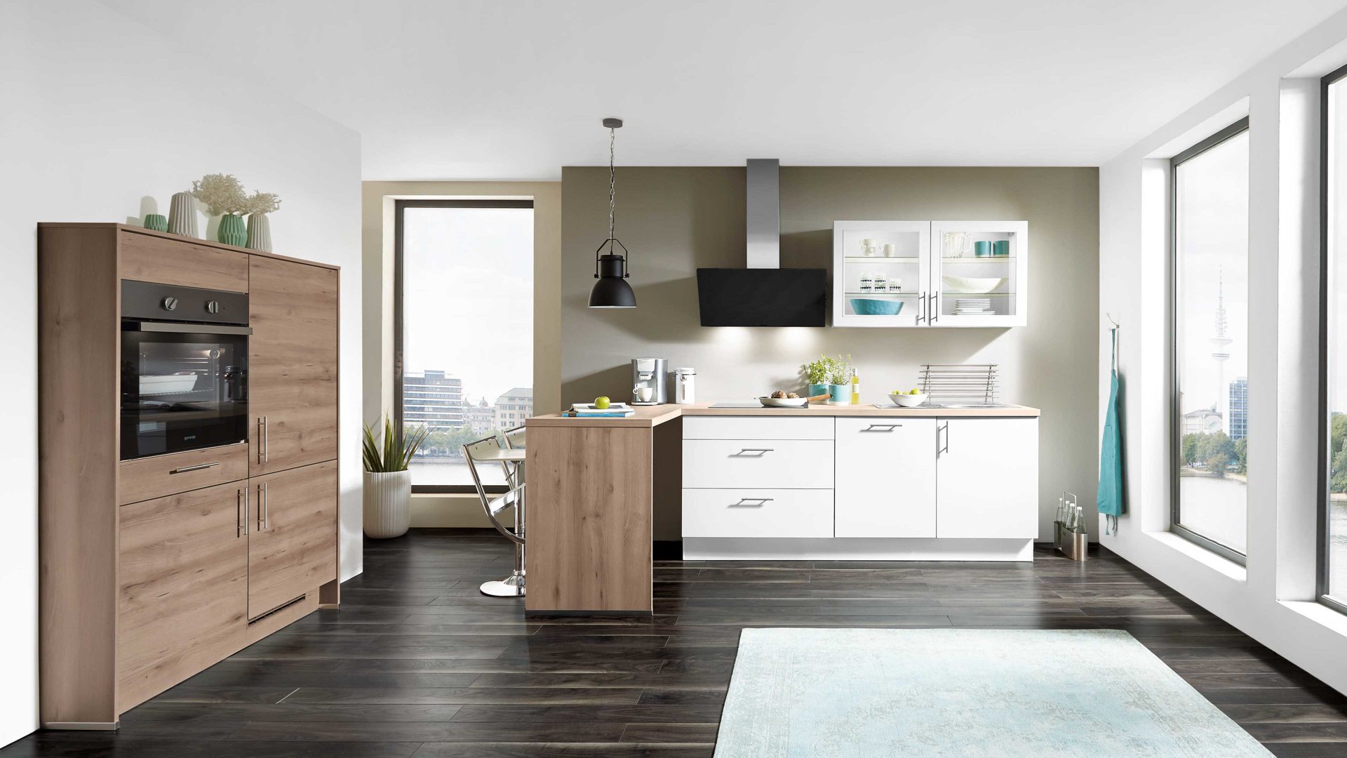 Einbauküche Nobilia® aus Holz in Weiß nobilia® Einbauküche Speed mit gorenje-Elektrogeräten Weiß & Eiche Havanna - zweizeilig
