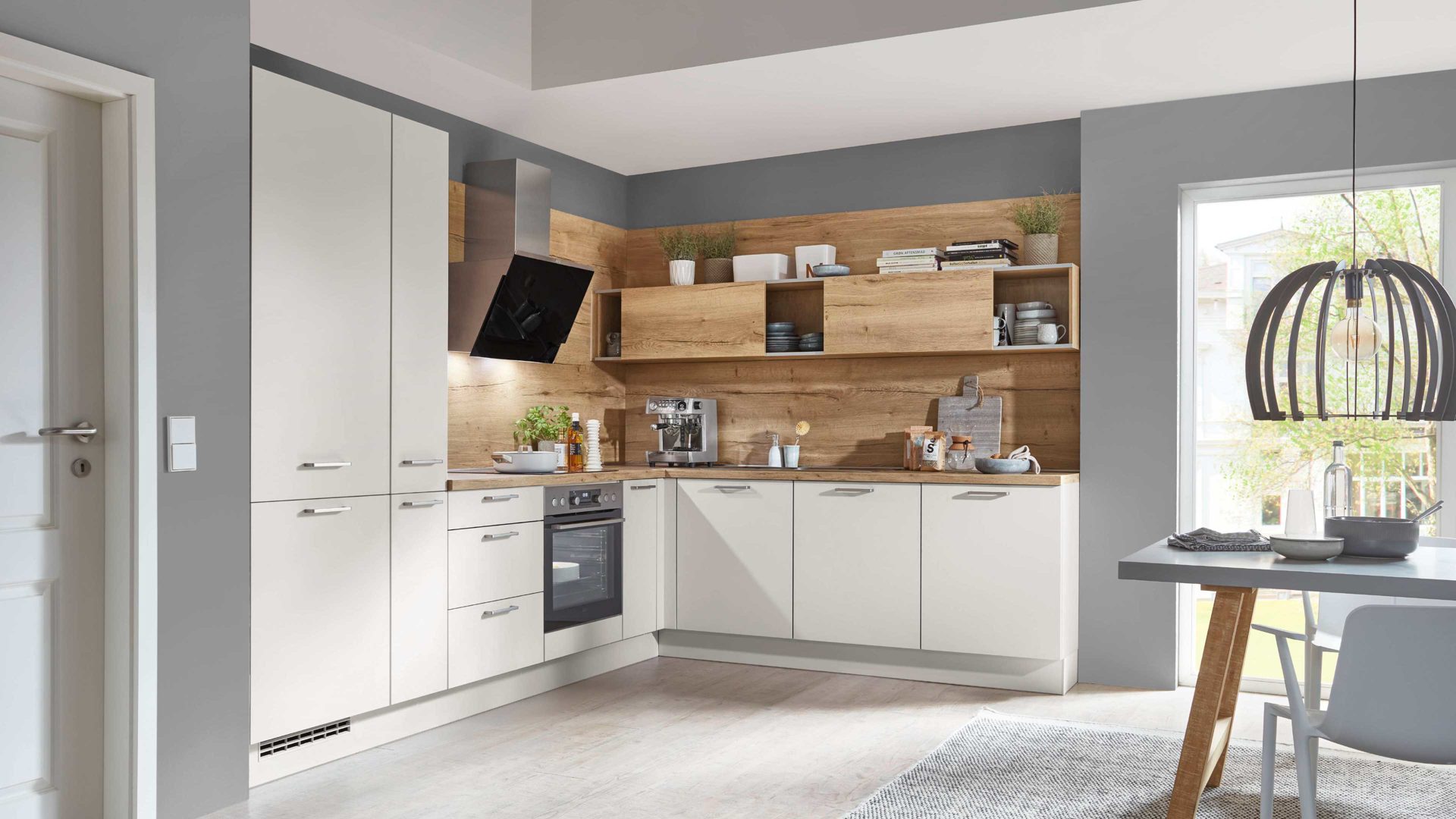 Einbauküche Nobilia® aus Holz in Hellgrau nobilia® Einbauküche Speed mit AEG Einbaugeräten Seidengrau & Eiche Sierra - Stellfläche ca. 305 x 245 cm