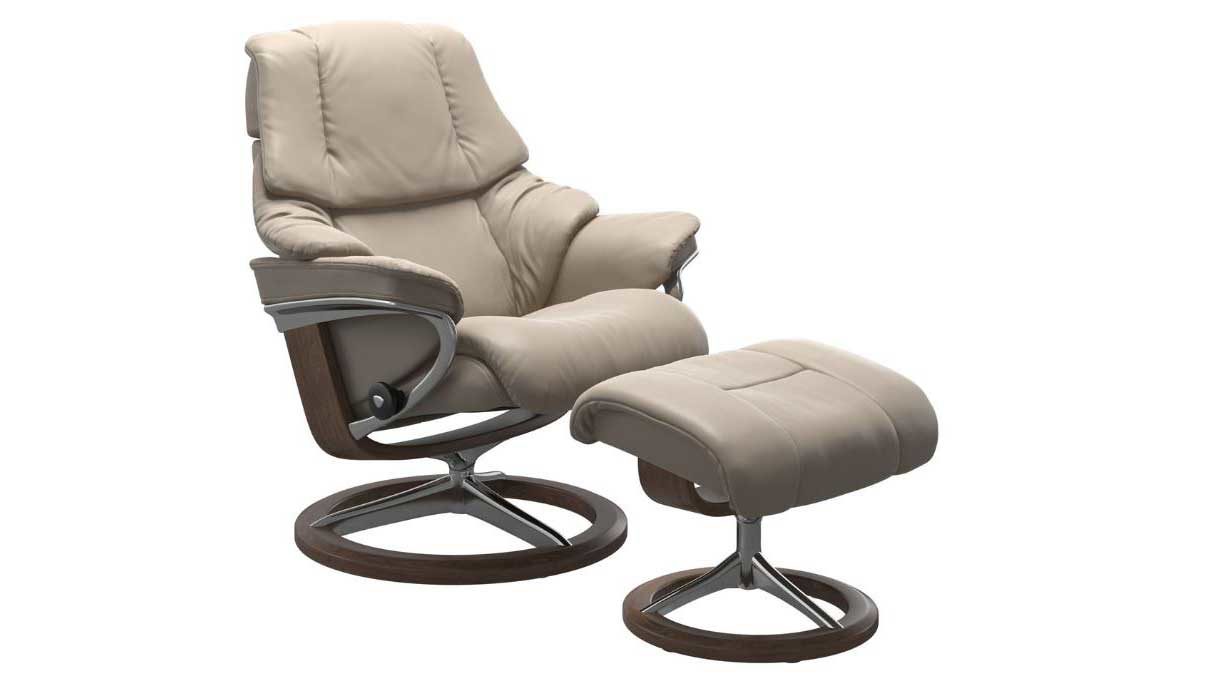 Sessel Ekornes aus Leder in Hellbraun Stressless RENO M Signature Relax-Sessel und Hocker Leder Medium, Leder Paloma 09445 Mushroom, Base Alu, Walnuss