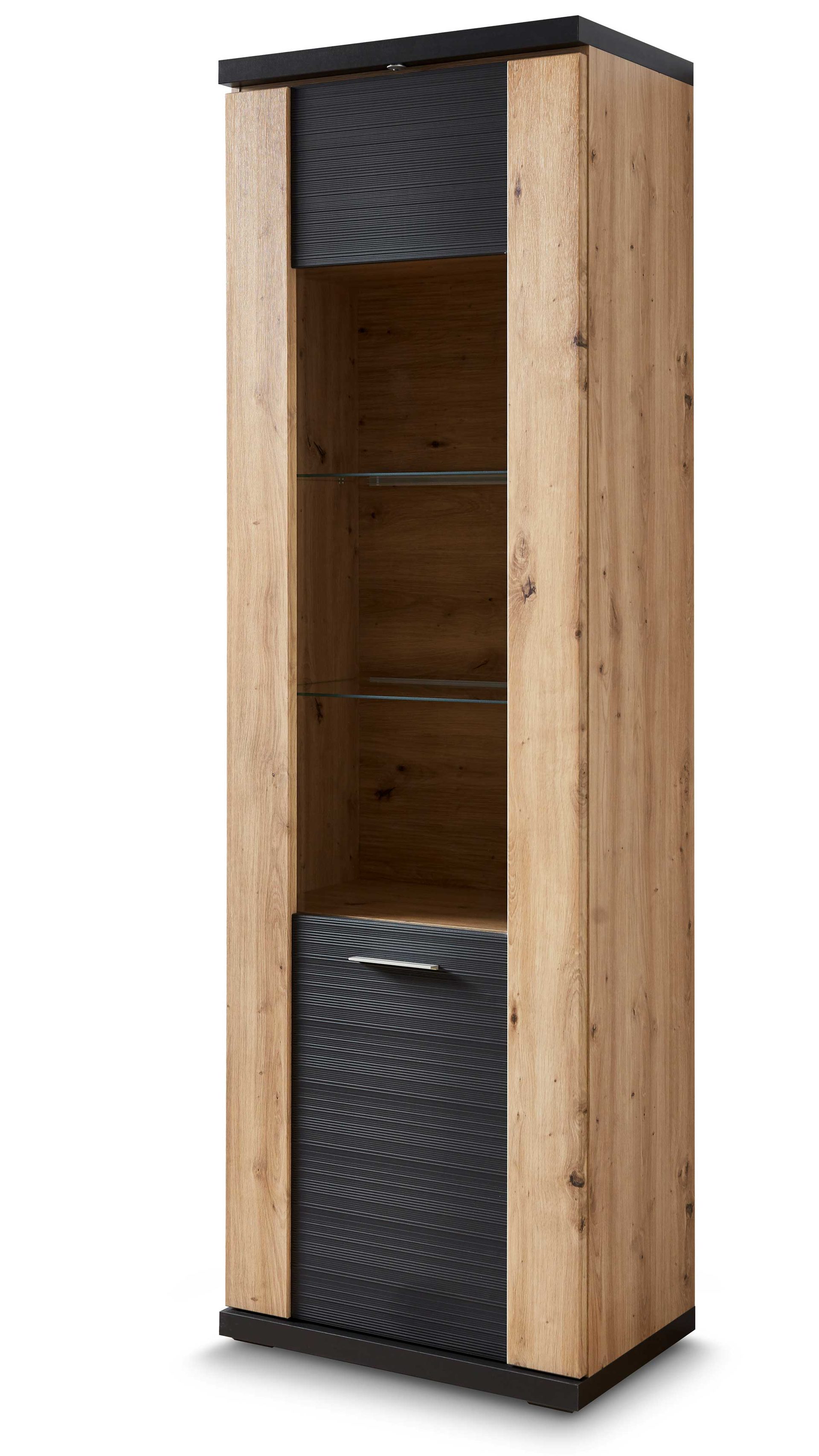 Vitrine Ideal möbel aus Holz in Dunkelgrau Vitrine Manhattan Grau & Eiche Artisan – eine Tür, rechts