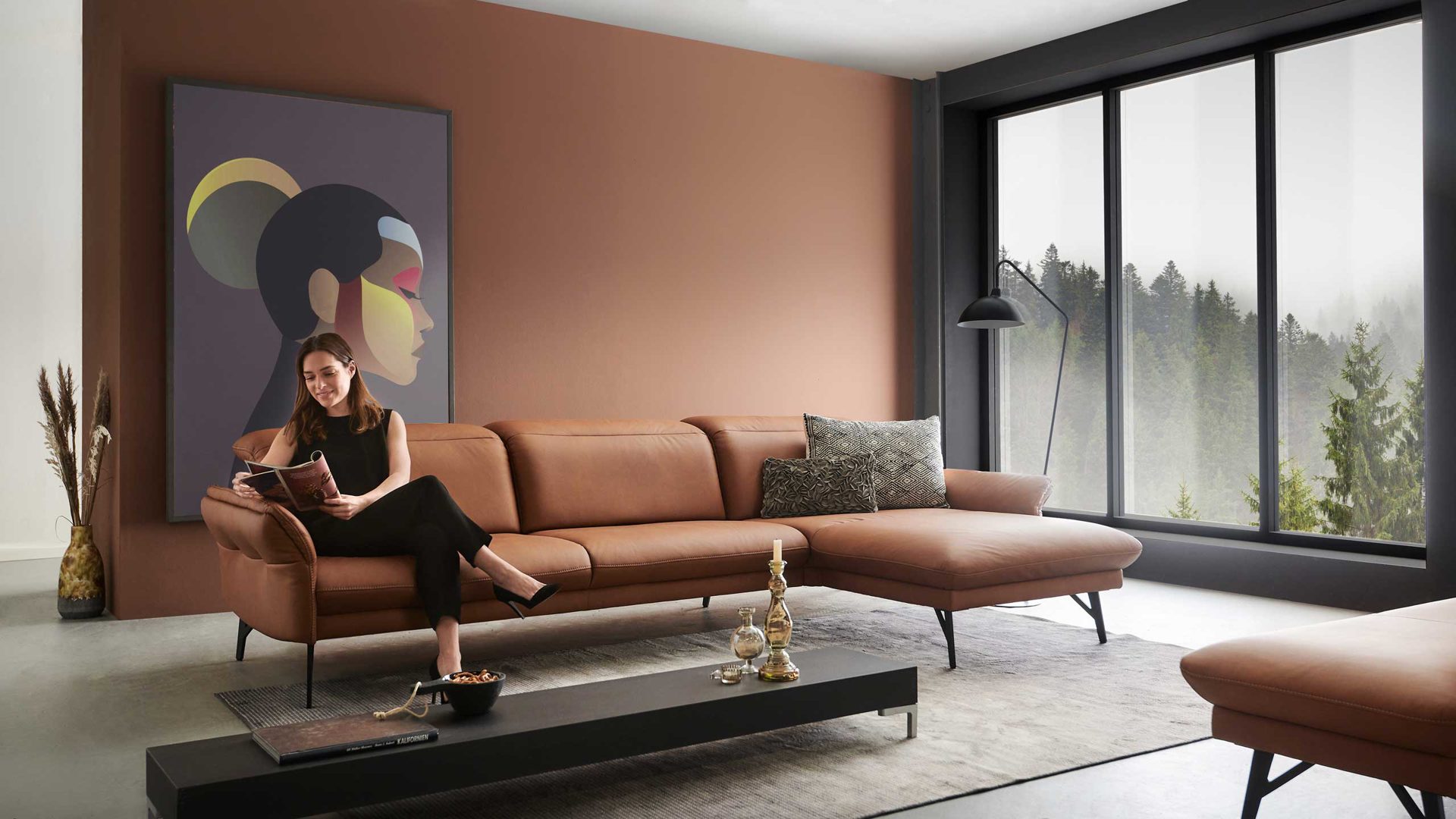 Ecksofa Himolla aus Holz Leder Metall in Braun Himolla Polstergarnitur 1385 Promotion Eckkombination LongLife-Leder Nuss & Metallfuss anthrazit - ca. 274 x 175 cm
