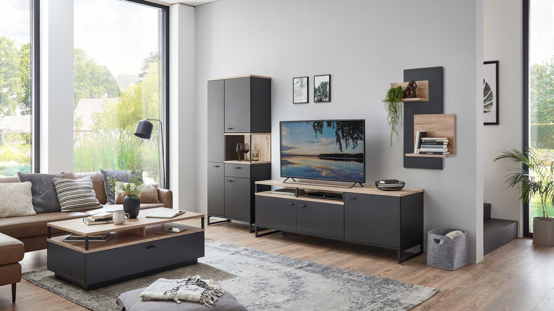 Wohnwand Ideal möbel aus Holz Nachbildung in Dunkelgrau Holzfarben IDEAL Wohnkombination MOUNTAIN Wohnwand mit TV-Möbel Cosmos grey, Absetzung Eiche Viking Nachbildung