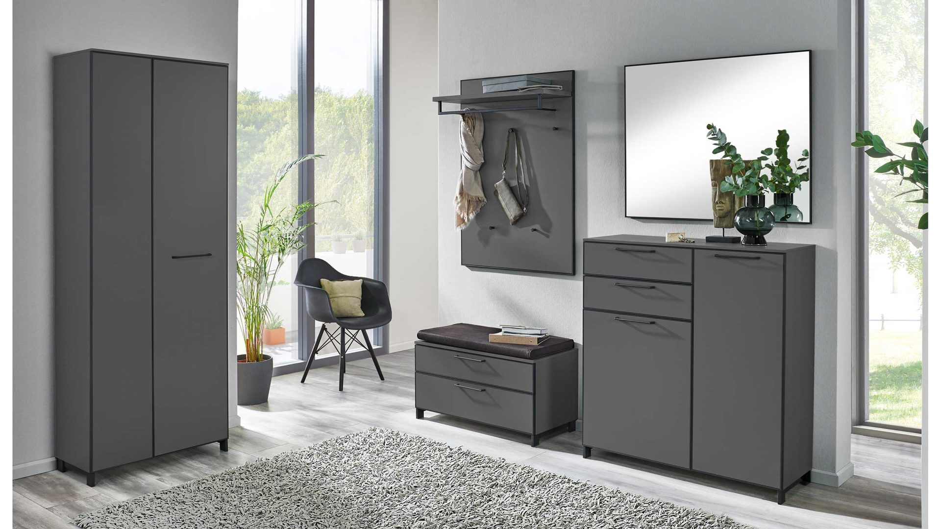 Garderobe Voss möebel aus Holz Nachbildung in Dunkelgrau VOSS Möbel Garderobe Unica 6-tlg., Dielenset Korpus-Front Lack Grau, Rahmen-Beschläge Anthrazit