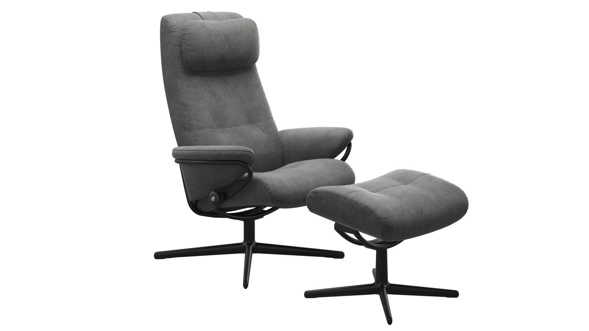Sessel Ekornes aus Holz Metall Stoff in Grau Schwarz Stressless BERLIN M Cross Relax-Sessel und Hocker Stoffbezug Cross Schwarz, Medium, Stoff Magnolia light grey