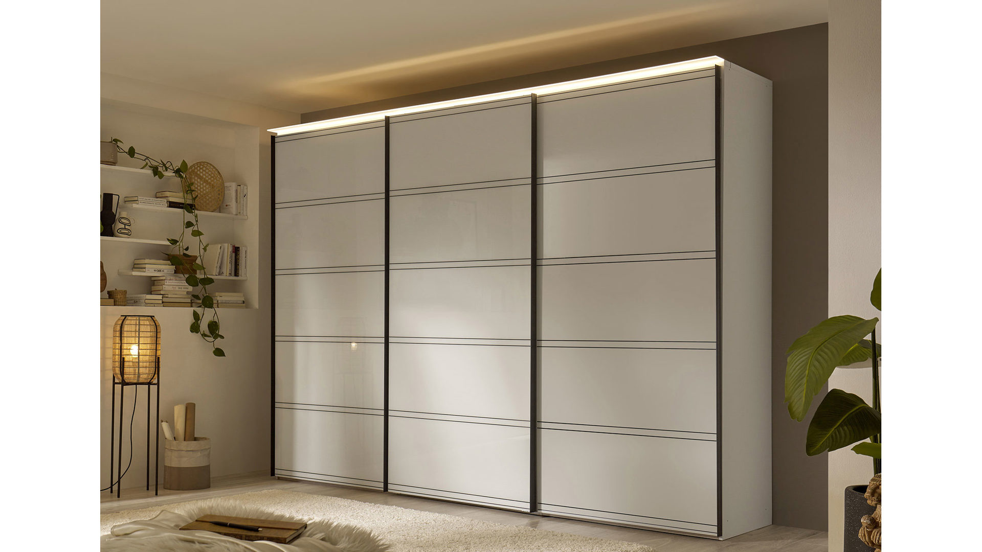 Kleiderschrank Staud aus Glas Holz Kunststoff in Grau Schwarz STAUD Schwebetürenschrank Sonate Prato Perlglas grau & schwarze Streifen – drei Türen, Breite ca. 336 cm