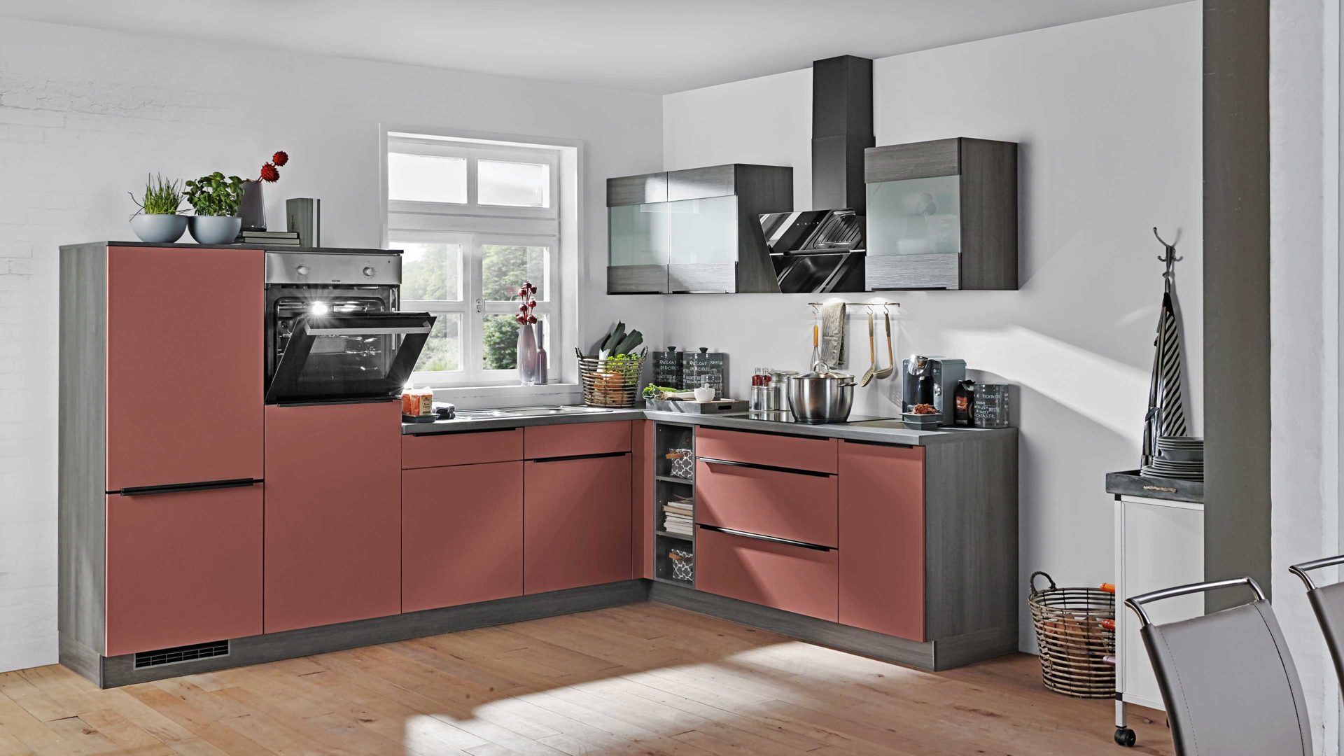 Einbauküche Express küchen aus Holz in Rot EXPRESS KÜCHEN Einbauküche Win mit Einbaugeräten Kaminrot & Eiche Grau - Stellfläche ca. 305 x 230 cm