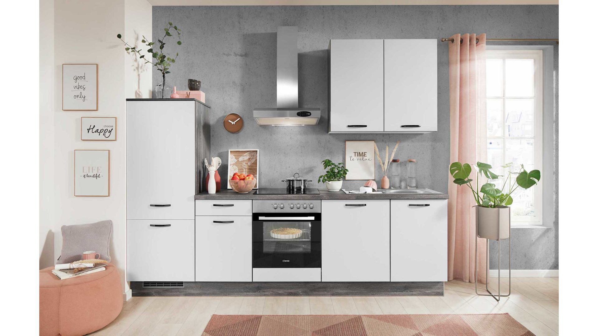 Einbauküche Pino küchen aus Holz Kunststoff Metall in Hellgrau Weiß pino Einbauküche inklusive ALTUS Einbaugeräte Graphit- & Lichtgrau - Länge ca. 280 cm