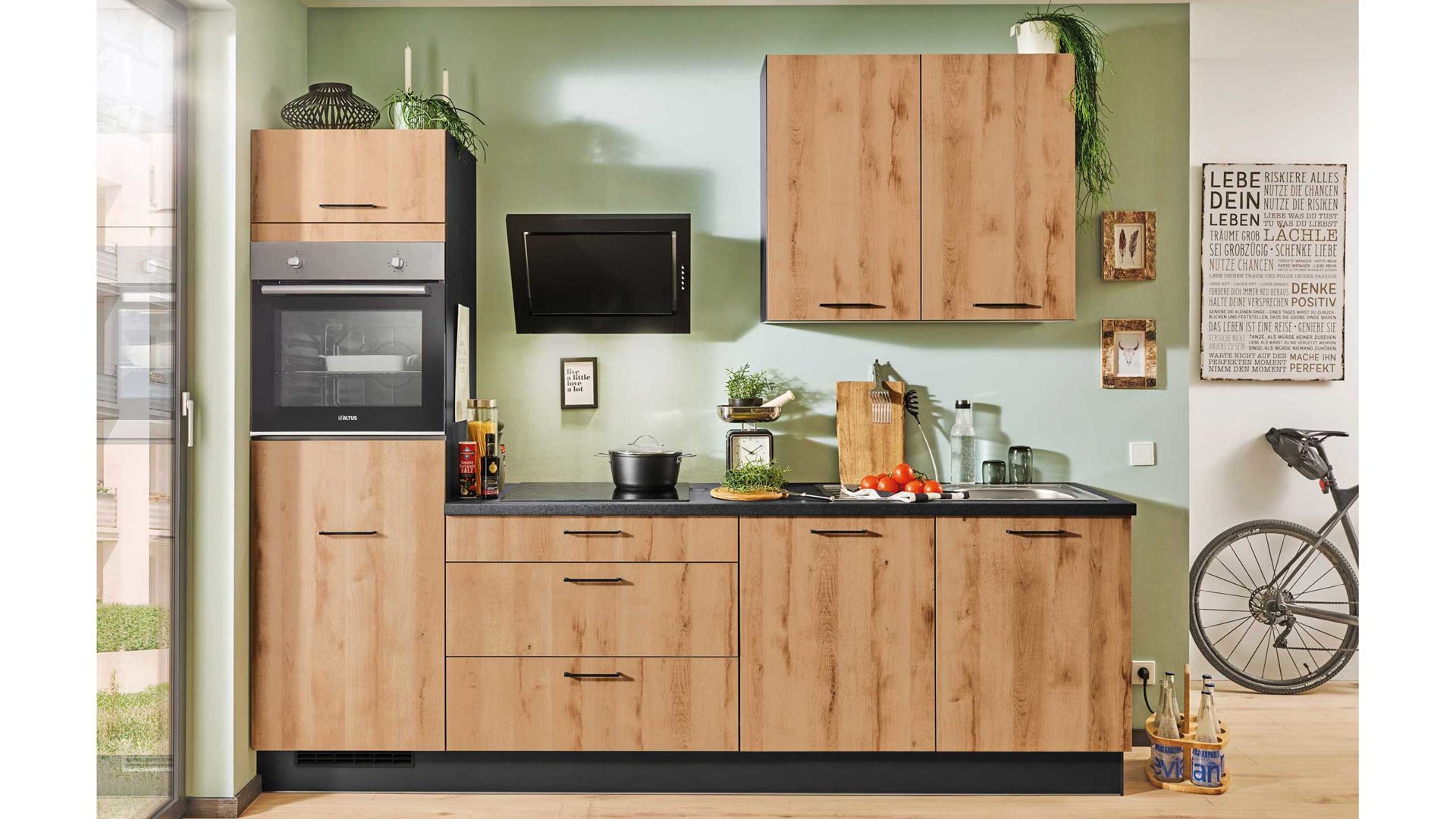 Einbauküche Pino küchen aus Holz Kunststoff Metall in Holzfarben Graphit moderne pino Einbauküche inklusive ALTUS Einbaugeräte Honig Eiche Nachbildung - Graphit - Länge ca. 270 cm