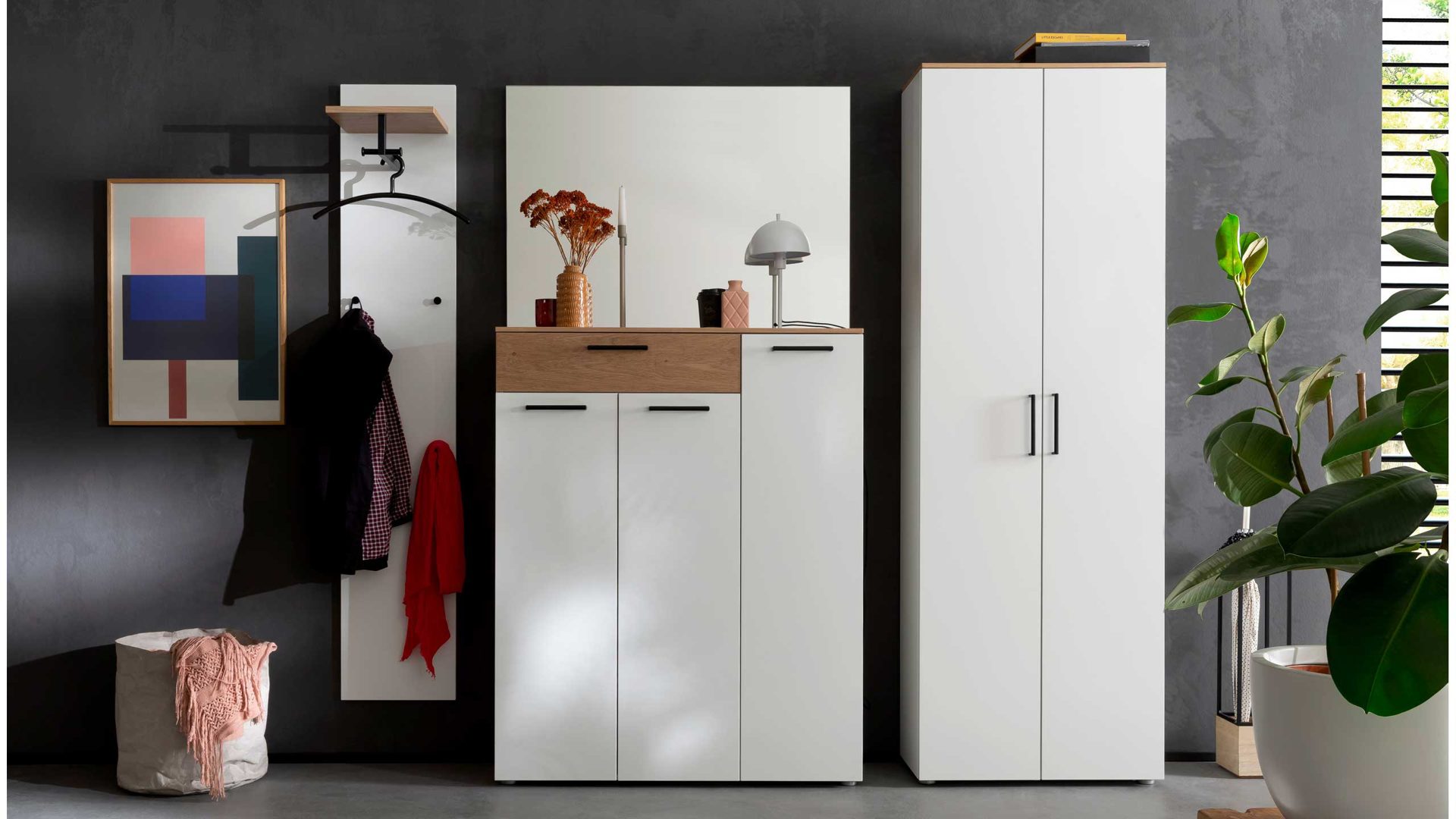 Garderoben-Set Wittenbreder aus Holz Nachbildung in Weiß Garderobenkombination Palma Garderobe 4-tlg. weisser Lack & Wildeiche Bianco