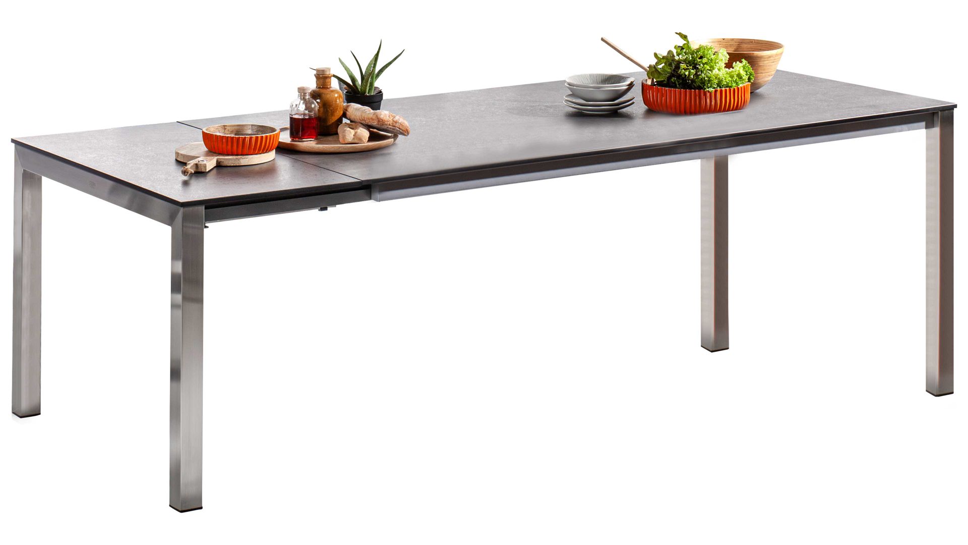 Gartentisch Stern® aus Holz in Dunkelgrau STERN® Tisch-System Silverstar - Ausziehtisch rauchfarbenes HPL & Edelstahl - ca. 200 - 250 x 100 cm