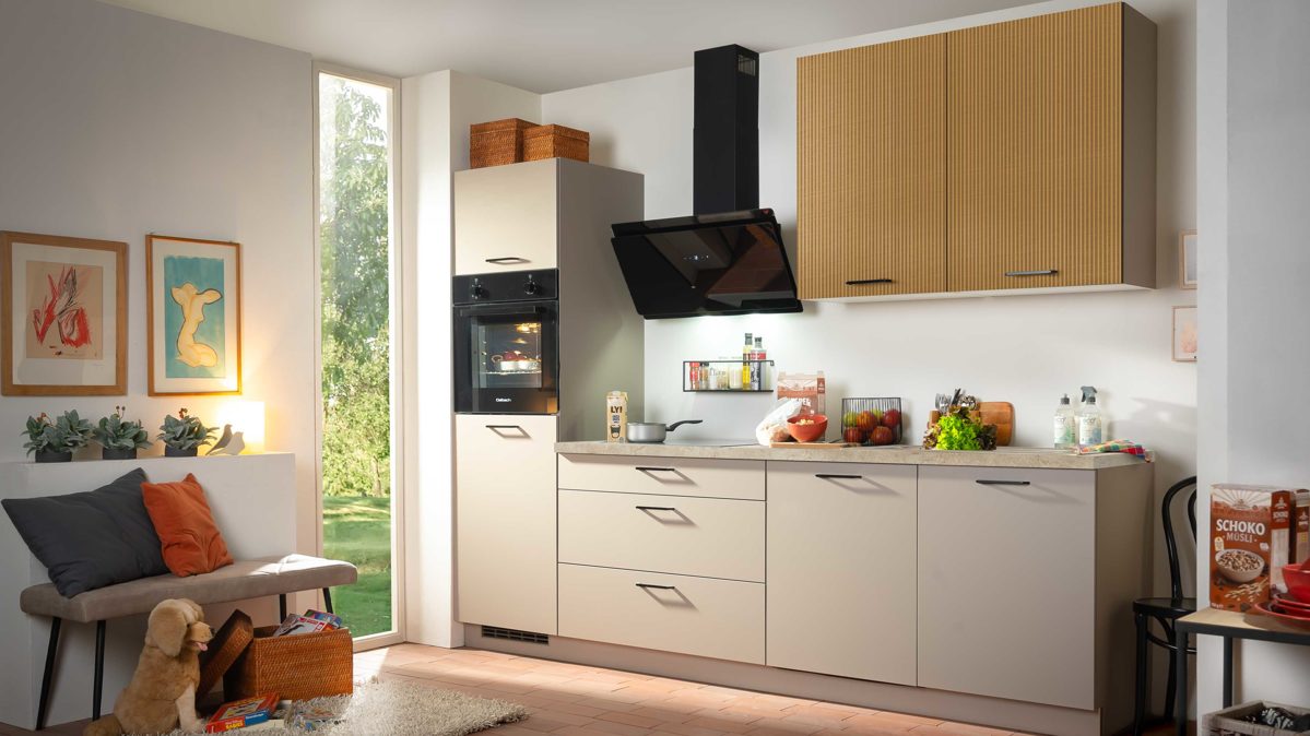 Einbauküche Express küchen aus Holz in Holzfarben Hell EXPRESS KÜCHEN Einbauküche Win mit Einbaugeräten Cremegrau & Stripe Hellbraun - Länge ca. 280 cm