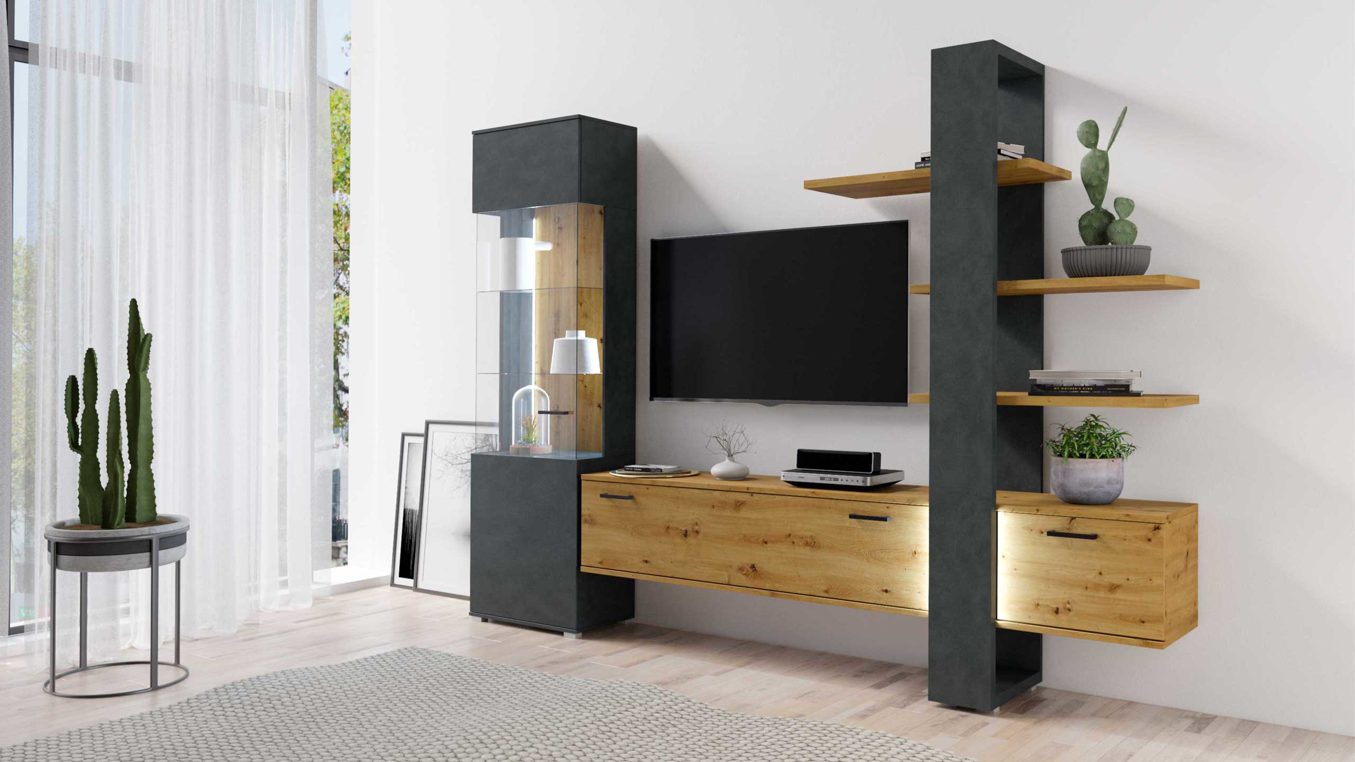 Anbauwand Helvetia aus Folie Glas Holz Kunststoff Nachbildung in Grau Holzfarben HELVETIA Anbauwand Moreno Matera grau Laminat & Eiche Artisan Folie – zweiteilig
