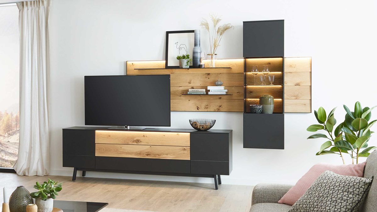 Wohnwand Gwinner aus Holz Nachbildung in Holzfarben Anthrazit Gwinner Wohnkombination Misano MI2 - Wohnwand Lack anthrazit, Wildeiche massiv geölt, Breite ca. 325 cm