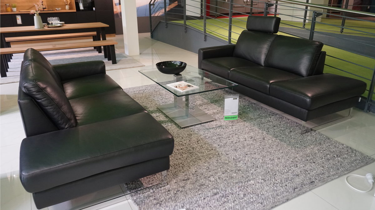 Sofa-Set W.schillig aus Leder in Schwarz Silber W.SCHILLIG Polstergarnitur aleXx, 2 Sofas mit einer Kopfstütze, Leder Z73 Nachtschwarz, Metallkufe glänzend