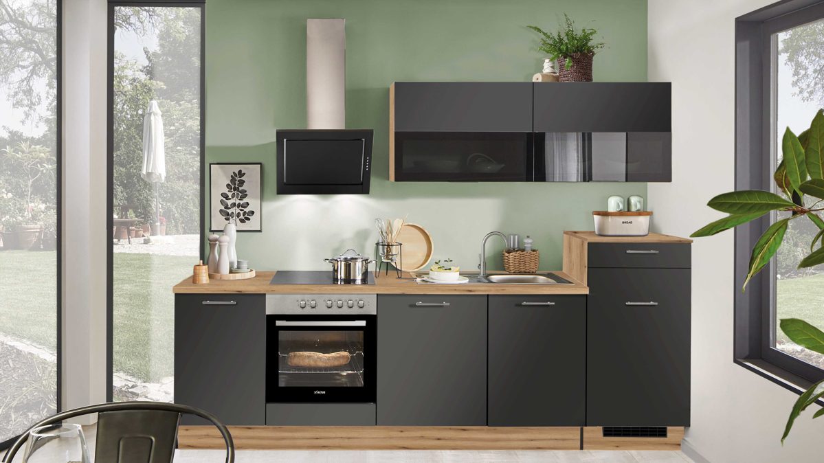 Einbauküche Pino aus Holz in Graphit pino Einbauküche inklusive Einbaugeräte Grafit & Evoke Eiche - Länge ca. 290 cm