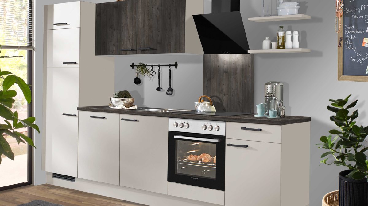 Einbauküche Pino aus Holz in Hellgrau pino Einbauküche inklusive Einbaugeräte Kaschmirgrau & Hemlock Lava Eiche - Länge ca. 290 cm