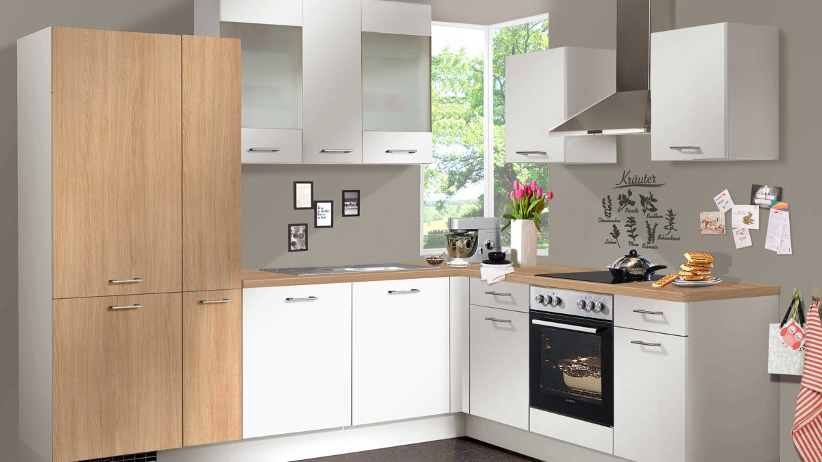 Einbauküche Pino aus Holz in Weiß pino Einbauküche inklusive Einbaugeräte Magnolienweiß & Eiche Aviva - Stellfläche ca. 275 x 205 cm