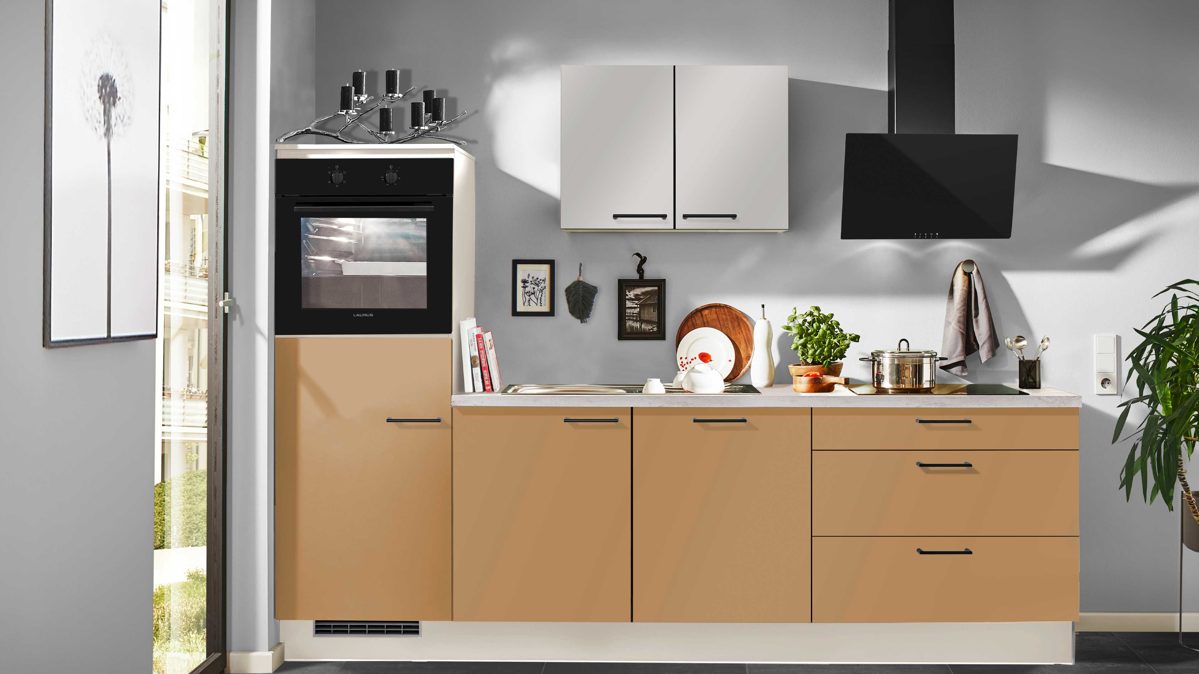 Einbauküche Pino aus Holz in Hellbraun pino Einbauküche inklusive Einbaugeräte Caramel & Kaschmirgrau - Länge ca. 270 cm