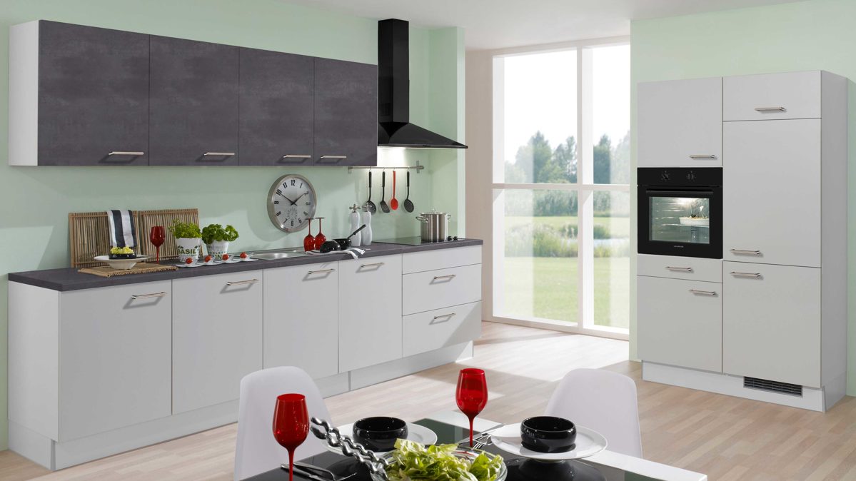 Einbauküche Pino aus Holz in Grau pino Einbauküche inklusive Einbaugeräte Lichtgrau & Graphitgrau - zweizeilig