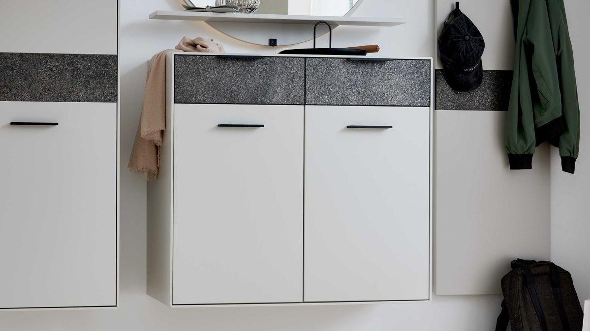 Schuhschrank Interliving aus Holz in Weiß Interliving Garderoben Serie 6013 - Schuhschrank Sahara Creme & Granitfurnier - zwei Türen, zwei Schubladen, Breite ca. 90 cm