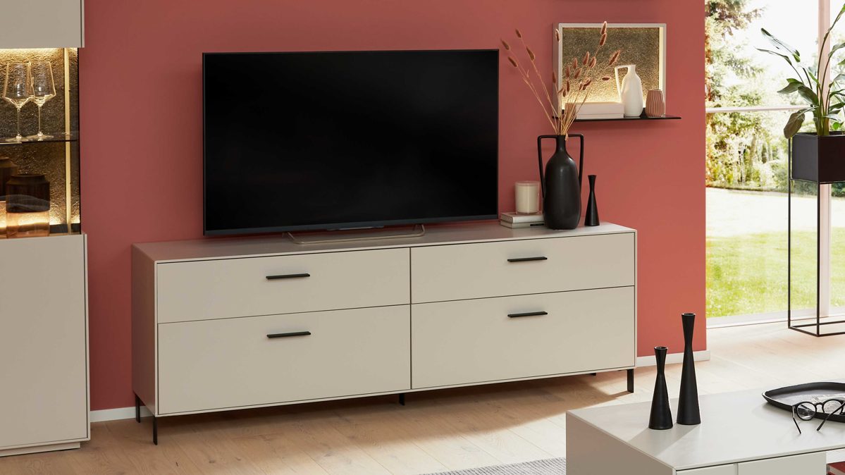 Lowboard Interliving aus Holz in Weiß Interliving Wohnzimmer Serie 2030 PLUS - Lowboard Sahara Creme & Granitfurnier - zwei Schubladen, zwei Klappen, Länge ca. 200 cm