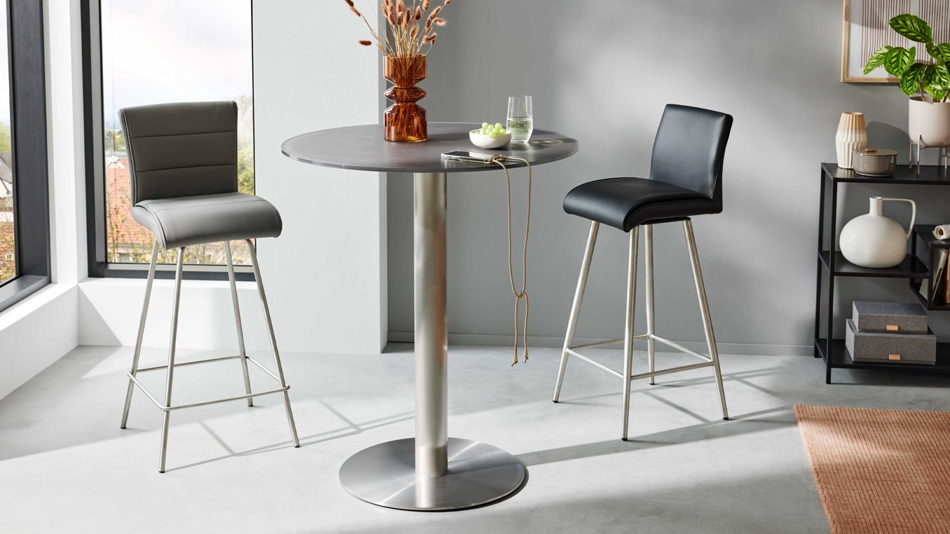 Bartisch Interliving aus Glas in Dunkelgrau Interliving Esszimmer Serie 5122 – Bartisch graues Glas & Edelstahl - Durchmesser ca. 90 cm