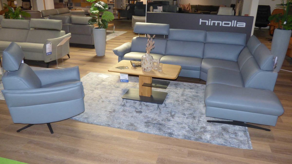 Ecksofa comfortmaster besser sitzen, liegen, leben aus Leder Metall in Hellblau Himolla Spektra 1267 Ecksofa, Polstergarnitur mit Sessel  7267 seefarbenes LongLife-Leder - Stellfläche ca. 289 x 243 cm + Sessel