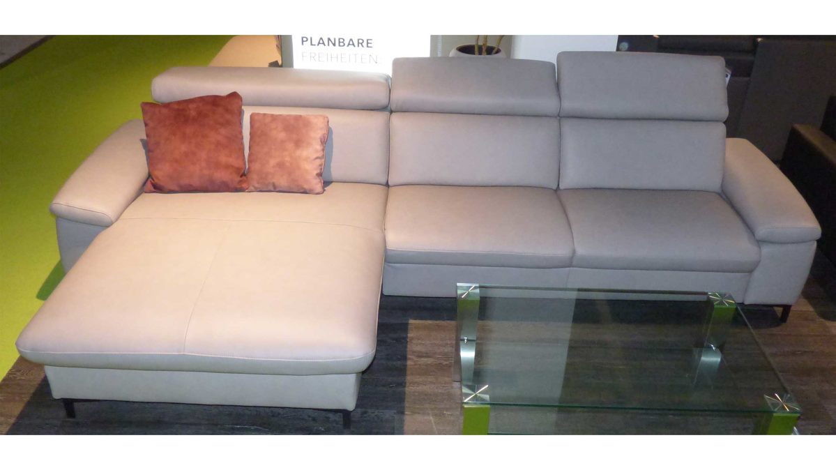 Ecksofa modulmaster aus Leder Metall in Hellgrau Modulmaster MM-PN1161 Ecksofa mit elektrischer Verstellung alufarbenes Leder Torro & schwarze Winkelfüße - Stellfläche ca. 175 x 325 cm