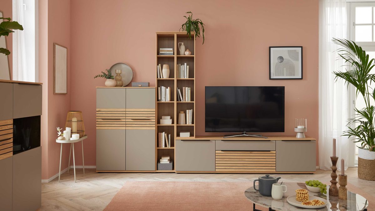 Wohnwand Interliving aus Holz in Grau Interliving Wohnzimmer Serie 2032 - Wohnwand EB31503 Grau & Balkenbuche - Länge ca. 315 cm