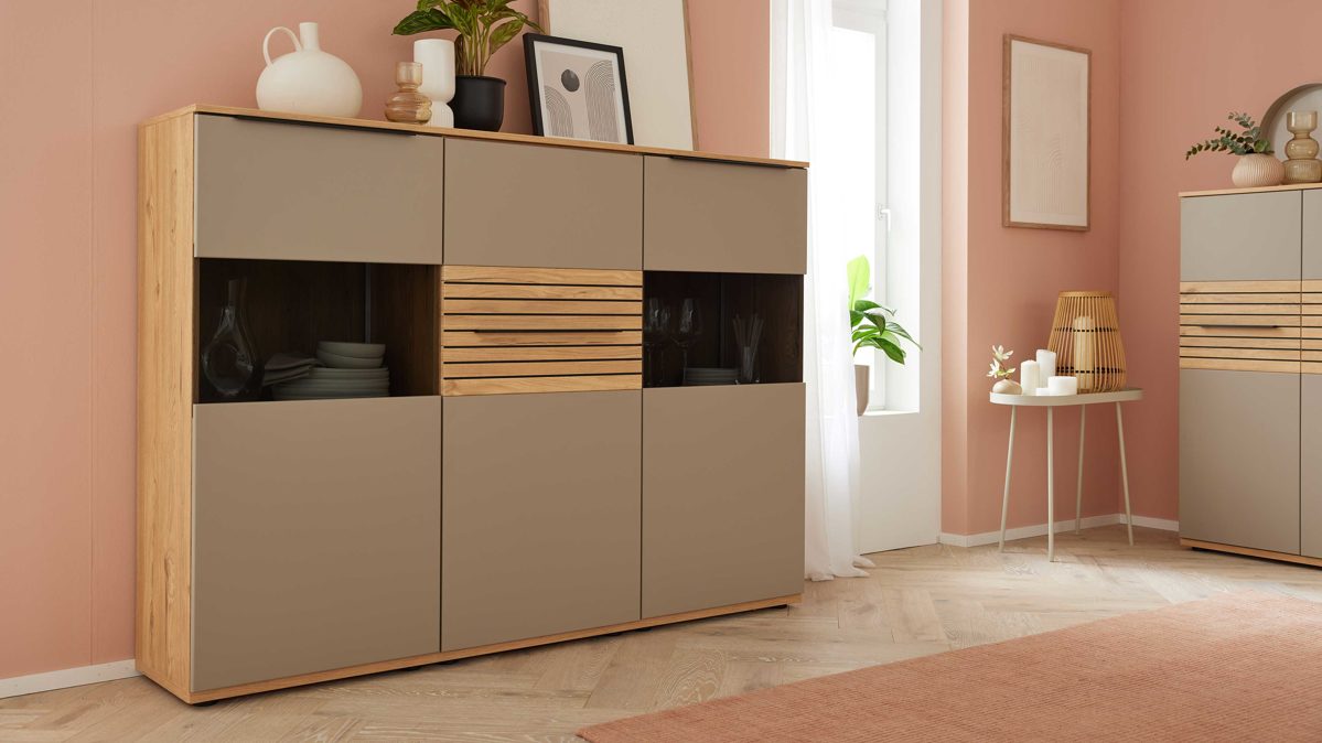 Highboard Interliving aus Holz in Grau Interliving Wohnzimmer Serie 2032 - Highboard B18070 Grau & Balkenbuche - drei Türen, Breite ca. 180 cm
