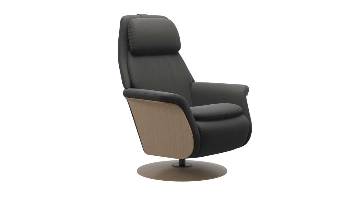Sessel Ekornes aus Holz Leder in Dunkelgrau Holzfarben Hell Stressless Sessel SAM - Relaxsessel elektrisch verstellbar Leder Paloma Rock mit Wood Disc Untergestell in Eiche