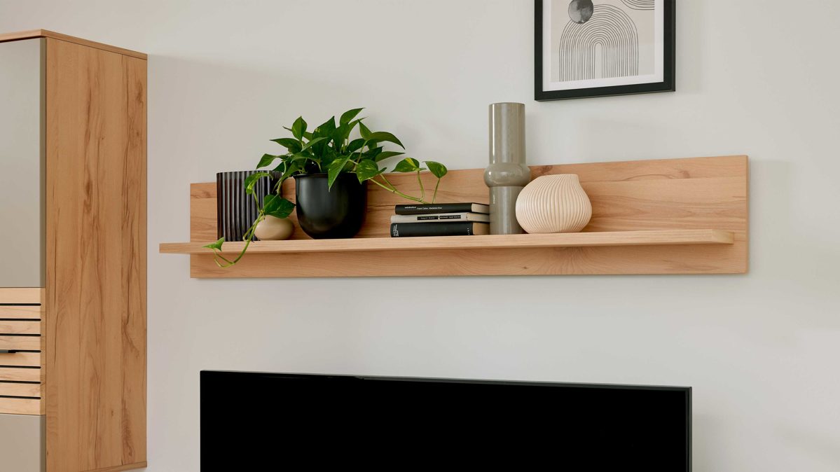 Wandregal Interliving aus Holz in Buche Interliving Wohnzimmer Serie 2032 - Wandboard Balkenbuche - Länge ca. 180 cm