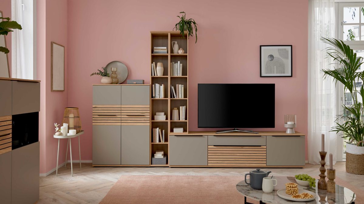 Wohnwand Interliving aus Holz in Grau Interliving Wohnzimmer Serie 2032 - Wohnwand EB31503 Grau & Balkenbuche - Länge ca. 315 cm