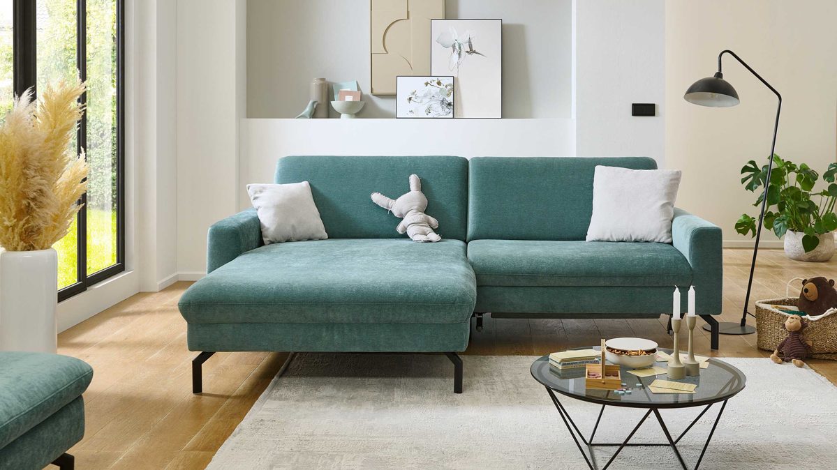 Ecksofa modulmaster aus Stoff in Dunkelgrün Modulmaster Polstergarnitur MM-ZE1126 - Eckkombination Stoffbezug Santos Opal, Fuss Schwarz - Stellfläche ca. 179 x 248 cm