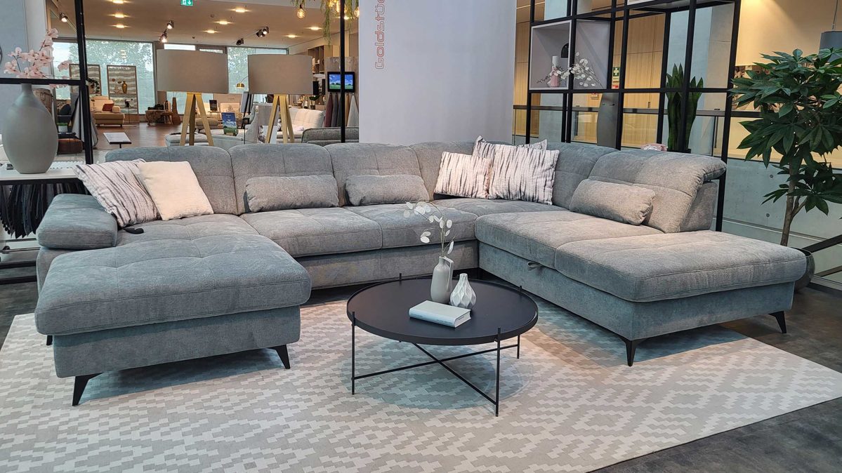 Ecksofa modulmaster aus Metall Stoff in Grau Modulmaster Polstergarnitur MM-MP1206 - Wohnlandschaft Bezug Cyber Steel & schwarze Metallfüße - Stellfläche ca. 198 x 353 x 255 cm