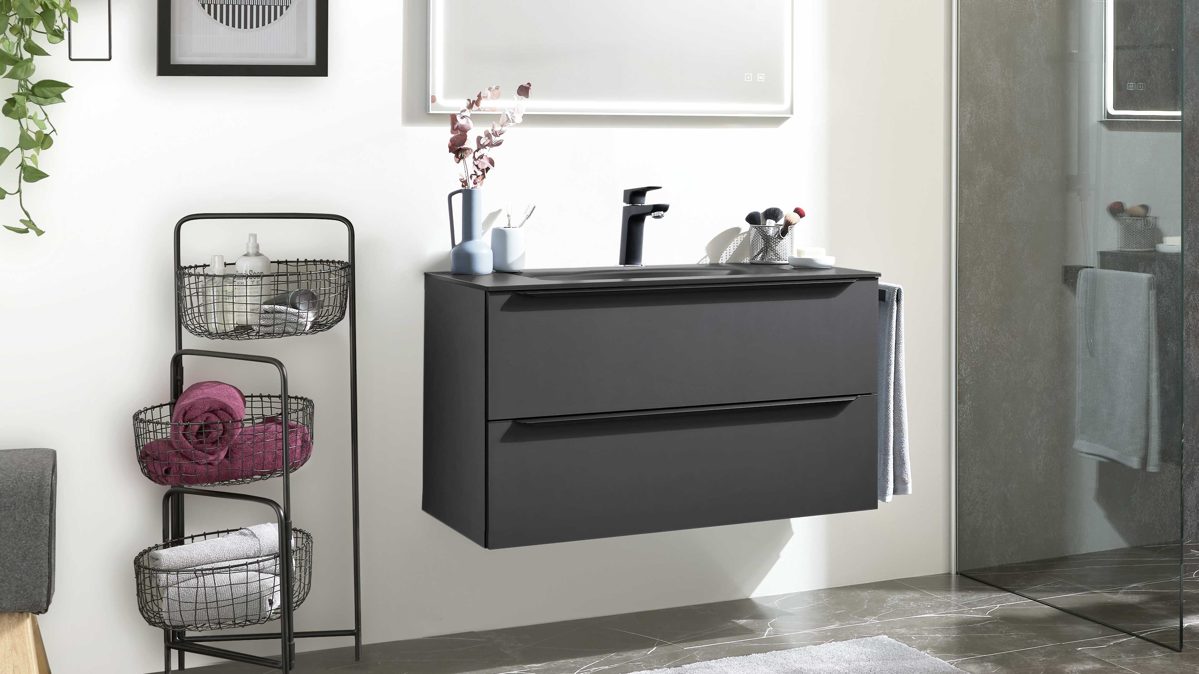 Badmöbel-Set Interliving aus Holz in Schwarz Interliving Bad Serie 7945 - Badkombination Basis graphitschwarzes Lacklaminat & schwarzes Duratek®