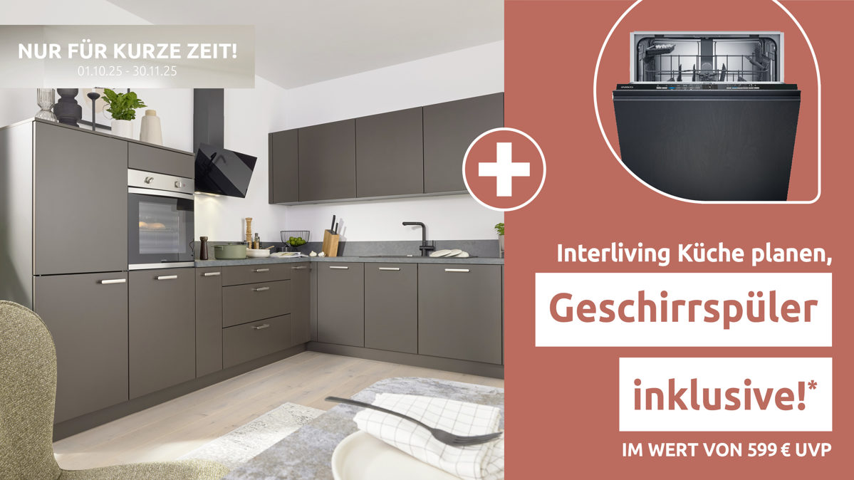 Einbauküche Interliving aus Holz in Braun Interliving Küche Serie 3064 mit privileg-Einbaugeräten Sepiabraun - Stellfläche ca. 345 x 258 cm