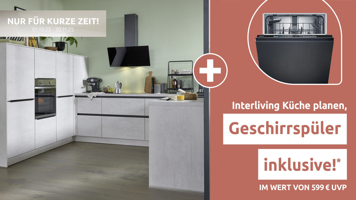 Einbauküche Interliving aus Holz in Weiß Interliving Küche Serie 3080 mit privileg Einbaugeräten weißer Beton - Stellfläche ca. 247 x 308 cm