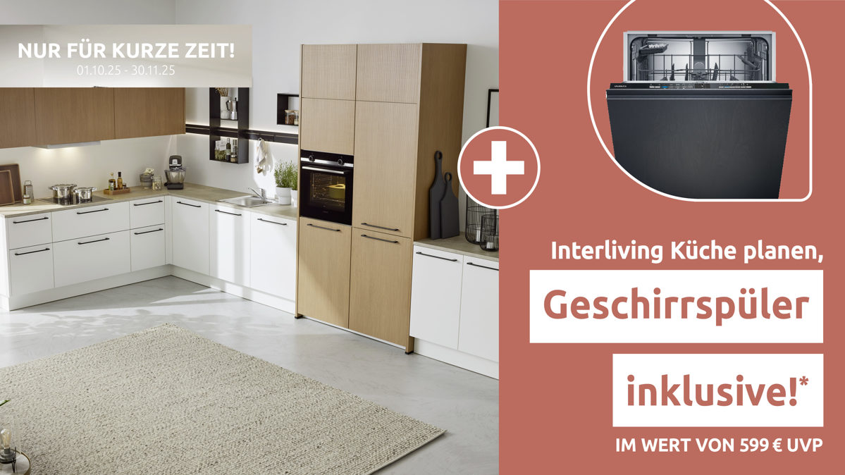 Einbauküche Interliving aus Holz in Weiß Interliving Küche Serie 3082 mit SIEMENS Einbaugeräten Mattweiß & Stripe Wood Crema - Stellfläche ca. 248 x 463 cm