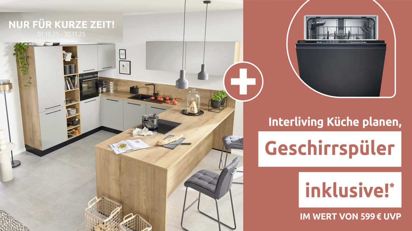 Einbauküche Interliving aus Holz in Grau Interliving Küche Serie 3086 mit SIEMENS-Einbaugeräten Platingrau & Eiche Ventura – Stellfläche ca. 350 x 278 cm