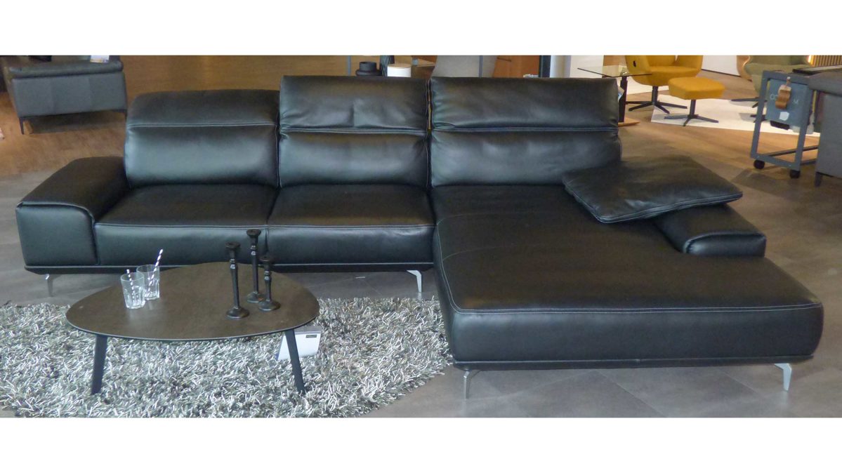 Ecksofa W.schillig aus Leder Metall in Schwarz Musterring Eckkombination MR 2490, Polstergarnitur Leder Black Pearl, Metallfüße Chrom – Stellfläche ca. 342 x 207 cm
