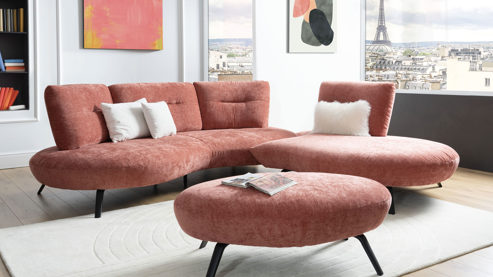 Ecksofa KAWOO aus Stoff in Orange KAWOO Serie Curve - Ecksofa bzw. Polstermöbel kupferfarbener Bezug Nile Marsala & schwarze Füße - Stellfläche ca. 266 x 190 cm