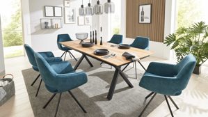 Tischgruppe Interliving aus Stoff in Blau Interliving Esszimmer Serie 5112 - Essgruppe im Skandi-Look petrolfarbene Mikrofaser Dubai PY, anthrazitfarbenes Metall & goldbraune Halifax Eiche
