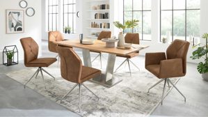 Tischgruppe Interliving aus Holz in Holzfarben Interliving Esszimmer Serie 5104 – Essgruppe mit drehbaren Stühlen bernsteinfarbene Mikrofaser Amber, helle Wildeiche & Edelstahl